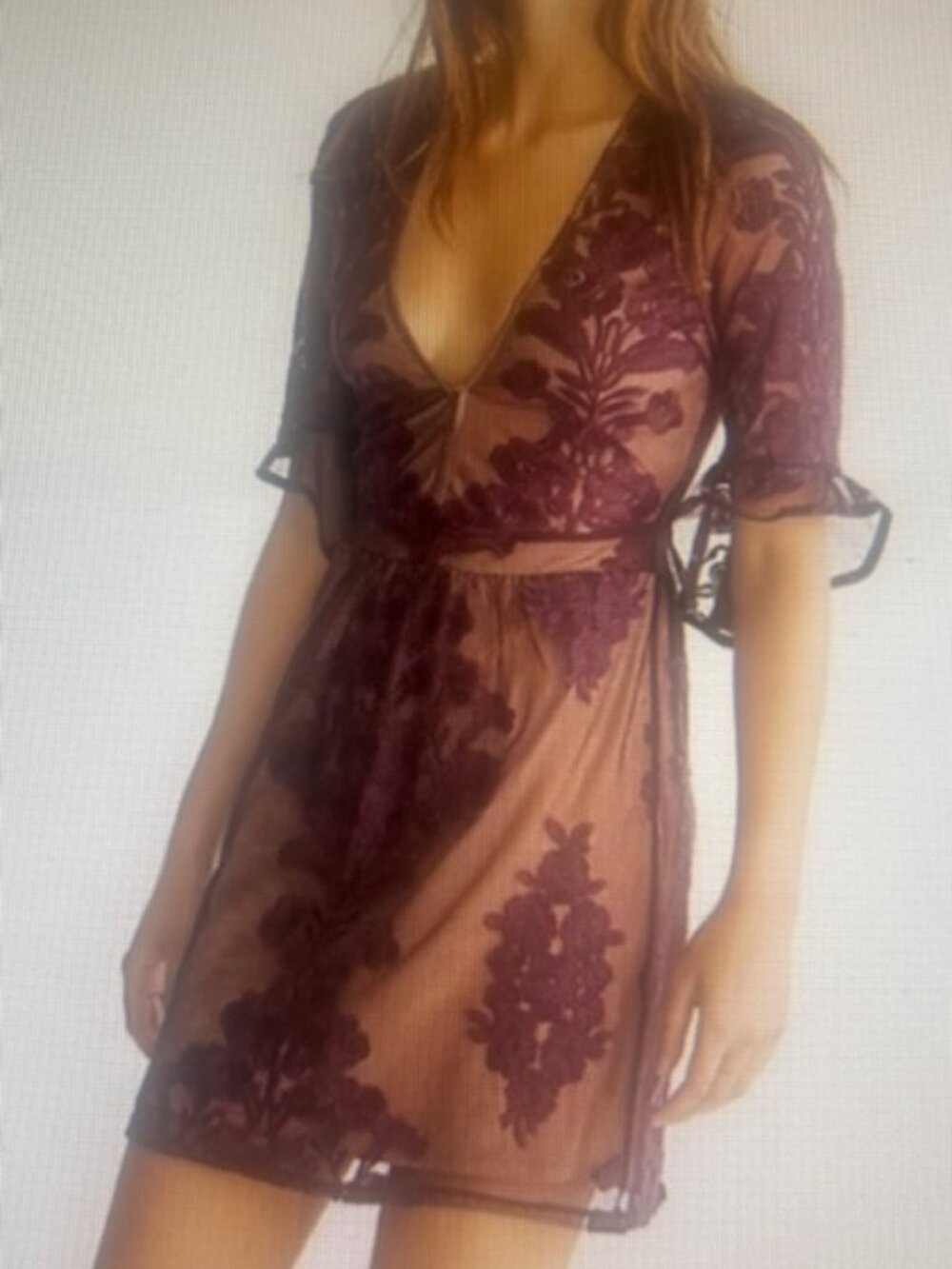 Free People x For Love & Lemons Temecula Burgundy Lace V Neck Ruffle Mini Dress